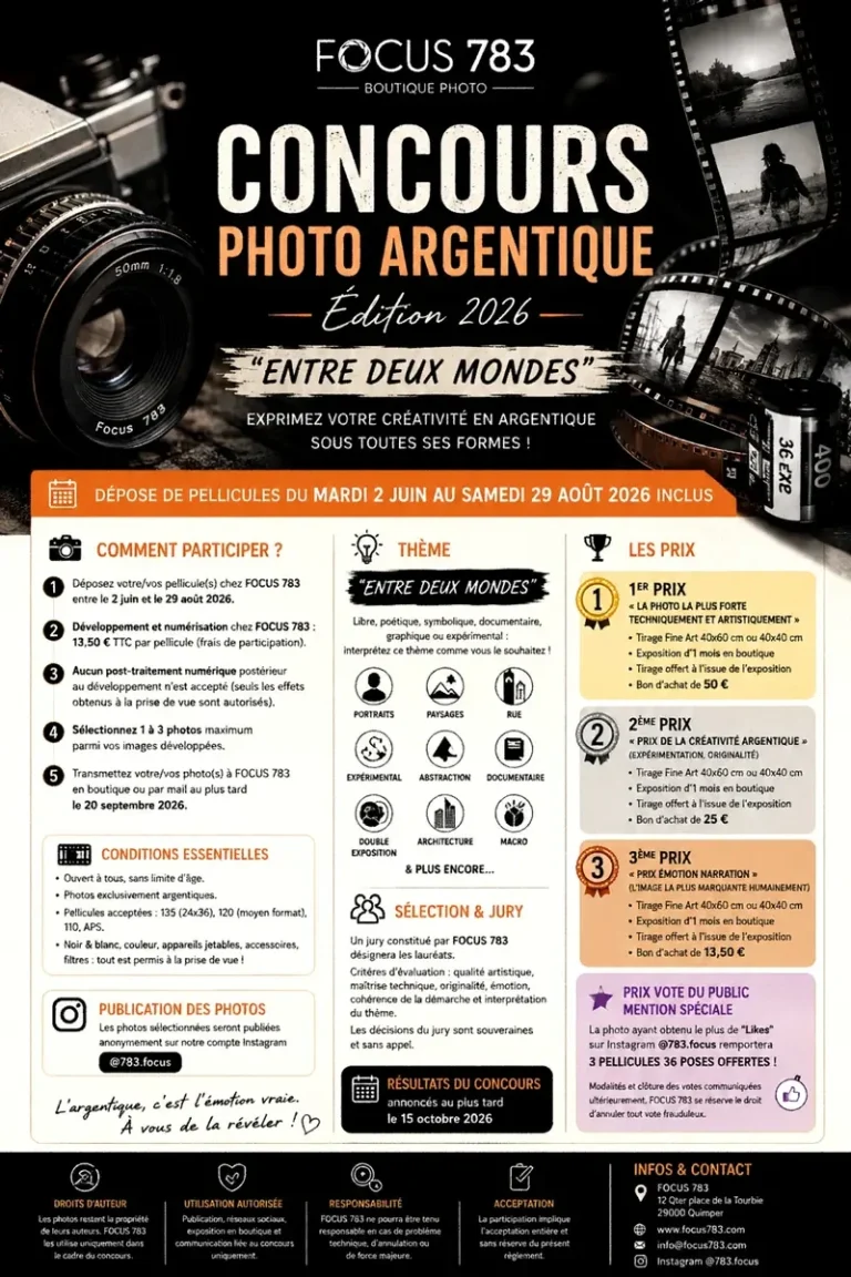 Affiche du concours photo argentique Focus 783 à Quimper – Entre deux mondes – été 2026